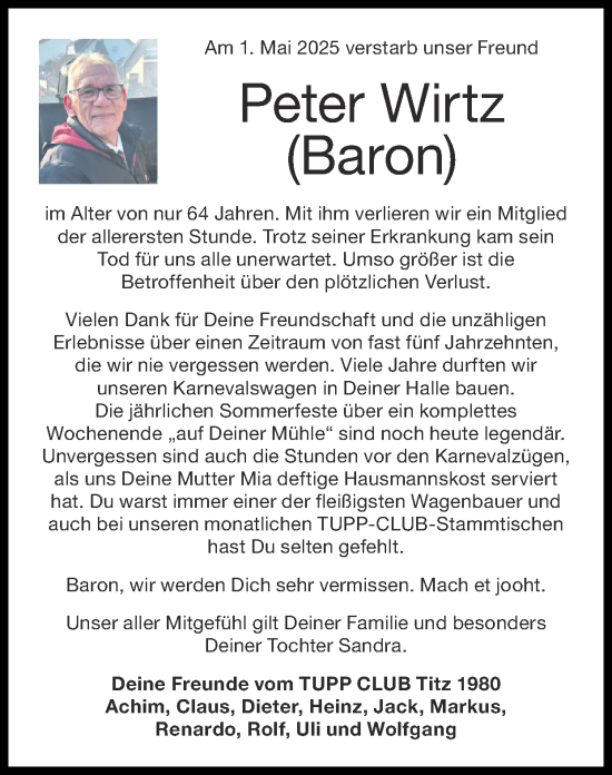 Traueranzeige von Peter Wirtz von Zeitung am Sonntag