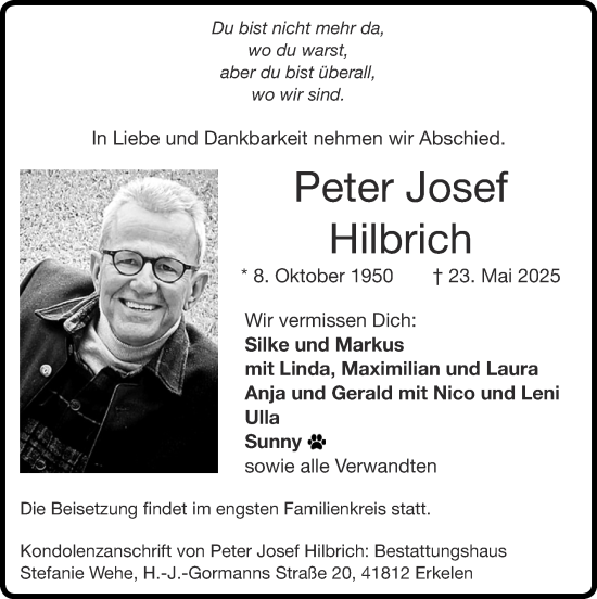 Traueranzeige von Peter Josef Hilbrich von Zeitung am Sonntag