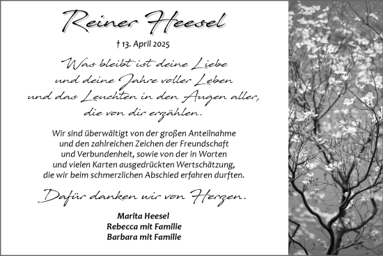 Traueranzeige von Reiner Heesel von Zeitung am Sonntag