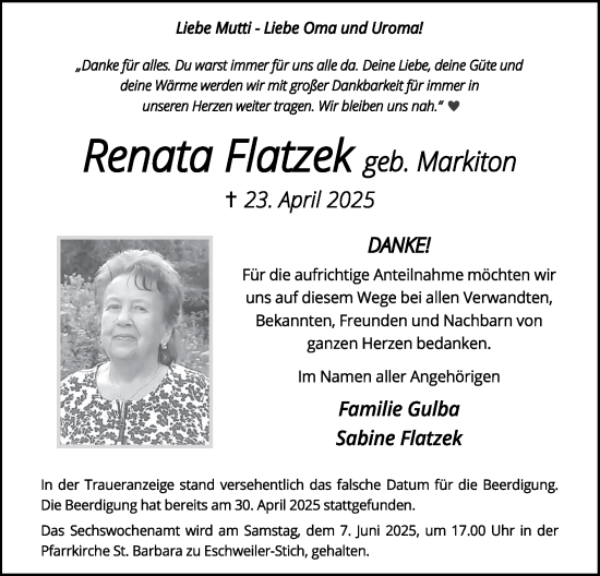 Traueranzeige von Renata Flatzek von Zeitung am Sonntag