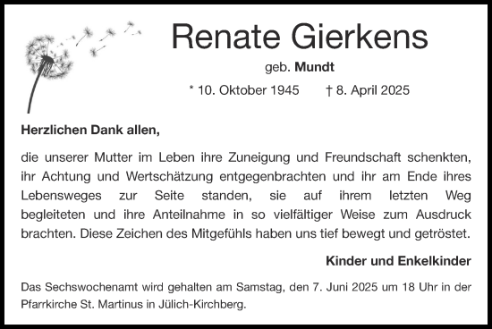 Traueranzeige von Renate Gierkens von Zeitung am Sonntag