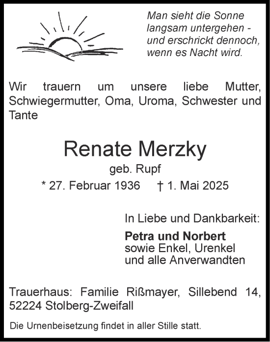 Traueranzeige von Renate Merzky von Zeitung am Sonntag