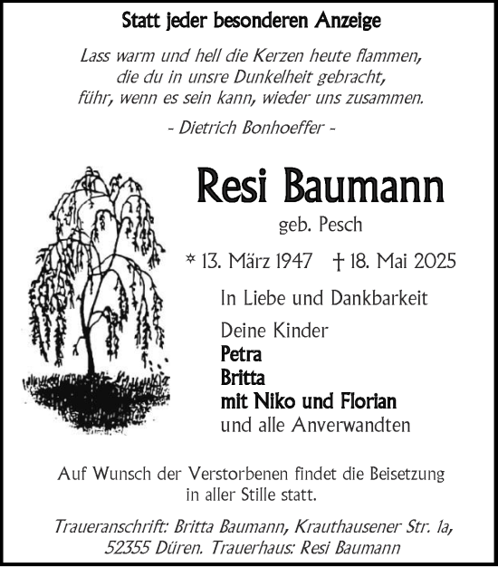 Traueranzeige von Resi Baumann von Zeitung am Sonntag
