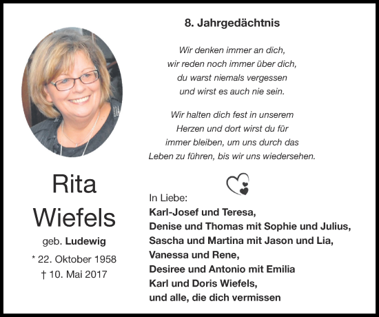 Traueranzeige von Rita Wiefels von Zeitung am Sonntag
