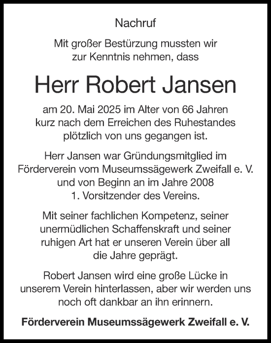 Traueranzeige von Robert Jansen von Zeitung am Sonntag