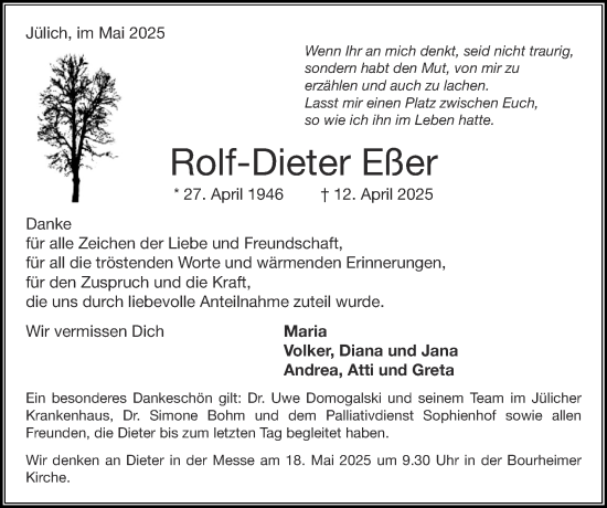 Traueranzeige von Rolf-Dieter Eßer von Zeitung am Sonntag