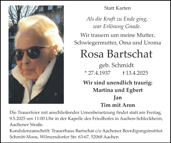 Traueranzeige von Rosa Bartschat von Zeitung am Sonntag
