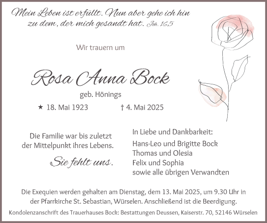 Traueranzeige von Rosa Anna Bock von Zeitung am Sonntag