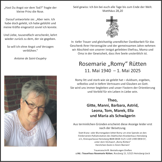 Traueranzeige von Rosemarie Rütten von Zeitung am Sonntag