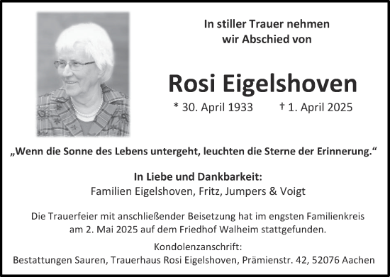 Traueranzeige von Rosi Eigelshoven von Zeitung am Sonntag