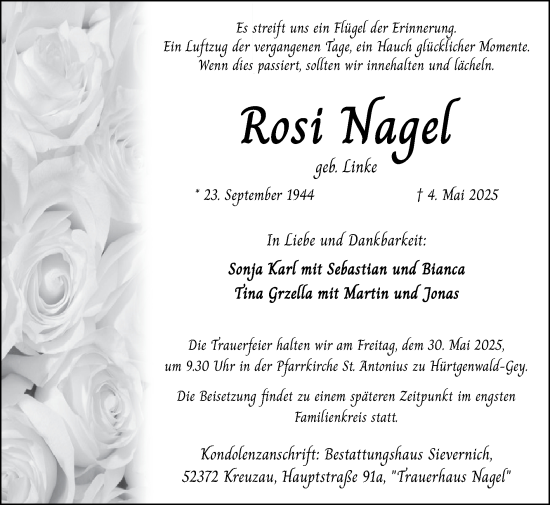 Traueranzeige von Rosi Nagel von Zeitung am Sonntag
