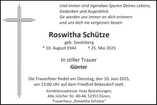 Traueranzeige von Roswitha Schütze von Zeitung am Sonntag