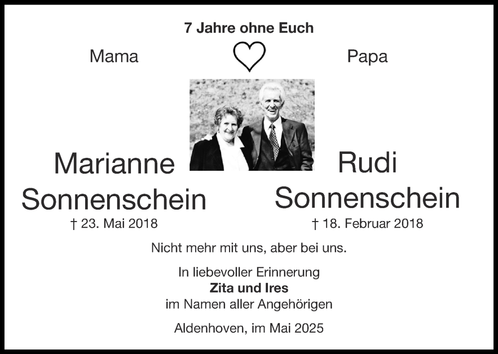  Traueranzeige für Rudi Sonnenschein vom 25.05.2025 aus Zeitung am Sonntag