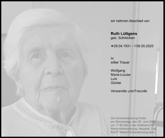 Traueranzeige von Ruth Lüttgens von Zeitung am Sonntag