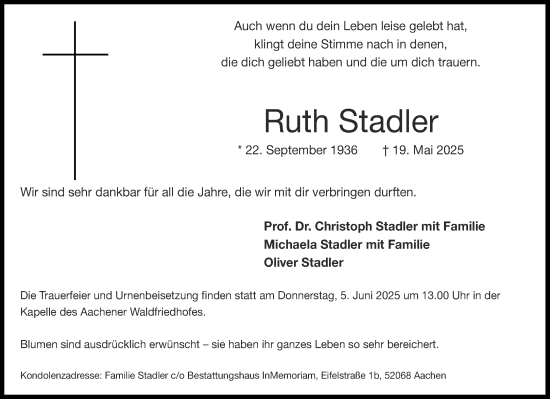 Traueranzeige von Ruth Stadler von Aachener Zeitung
