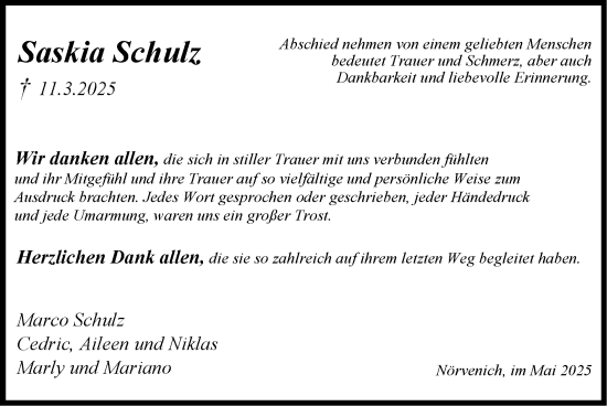 Traueranzeige von Saskia Schulz von Zeitung am Sonntag