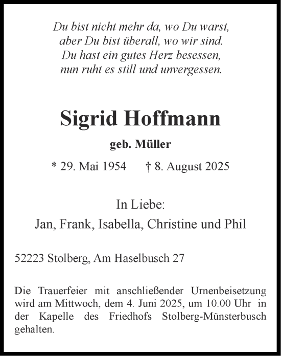 Traueranzeige von Sigrid Hoffmann von Zeitung am Sonntag