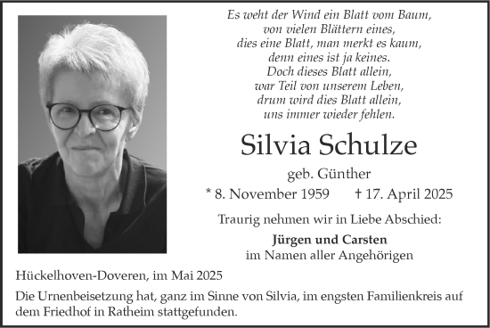 Traueranzeige von Silvia Schulze von Zeitung am Sonntag