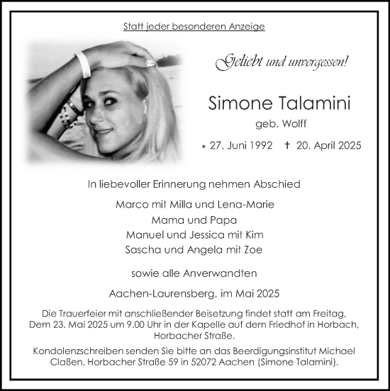 Traueranzeige von Simone Talamini von Zeitung am Sonntag