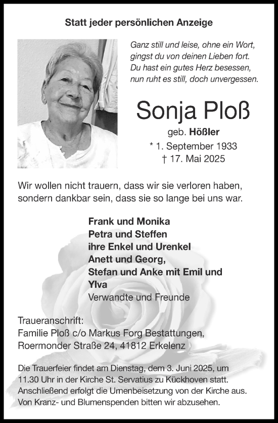 Traueranzeige von Sonja Ploß von Zeitung am Sonntag