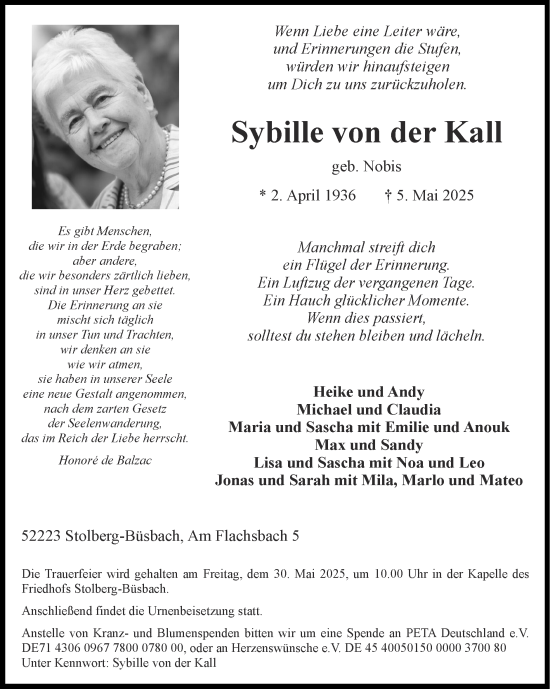 Traueranzeige von Sybille von der Kall von Zeitung am Sonntag