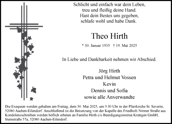 Traueranzeige von Theo Hirth von Aachener Zeitung