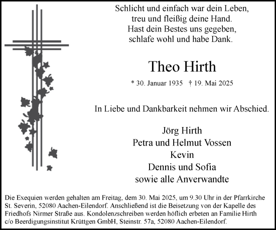 Traueranzeige von Theo Hirth von Zeitung am Sonntag