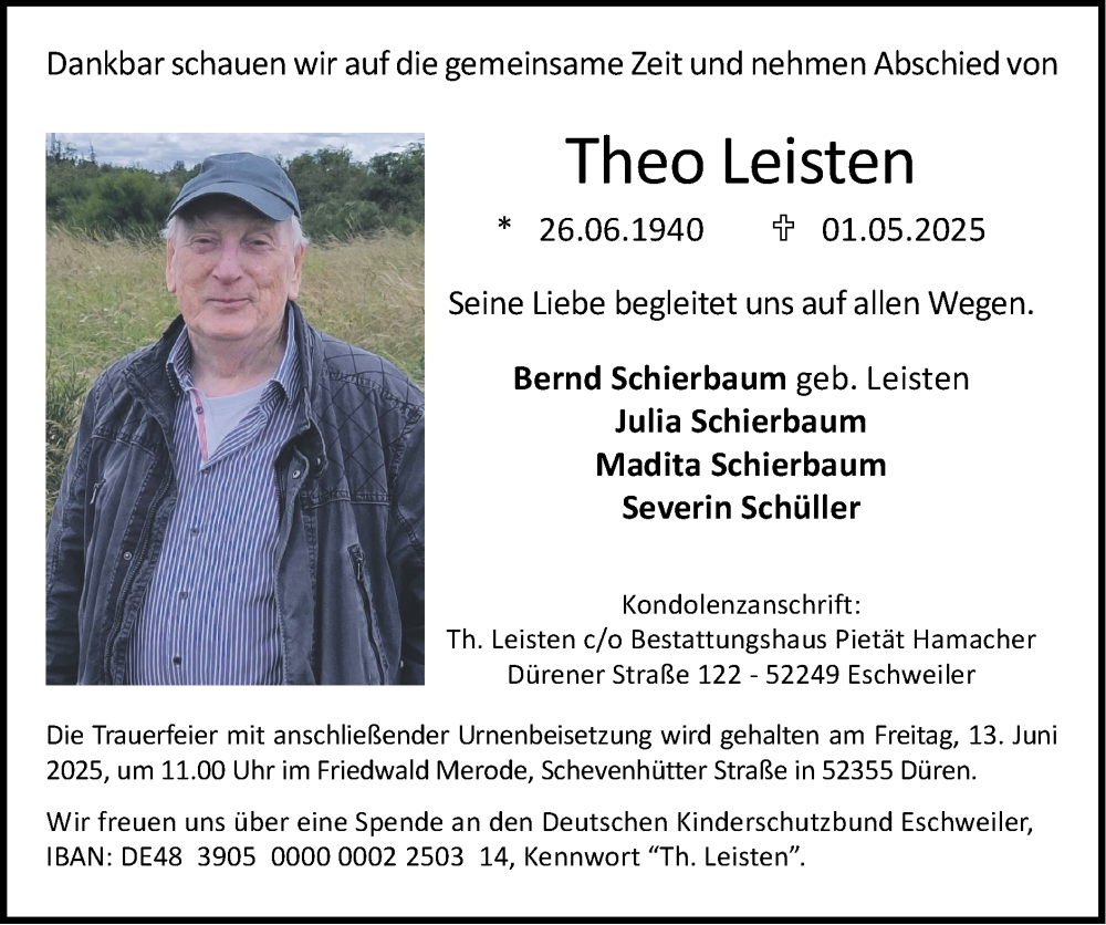  Traueranzeige für Theo Leisten vom 18.05.2025 aus Zeitung am Sonntag