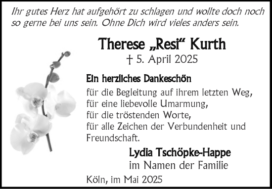 Traueranzeige von Therese Kurth von Zeitung am Sonntag