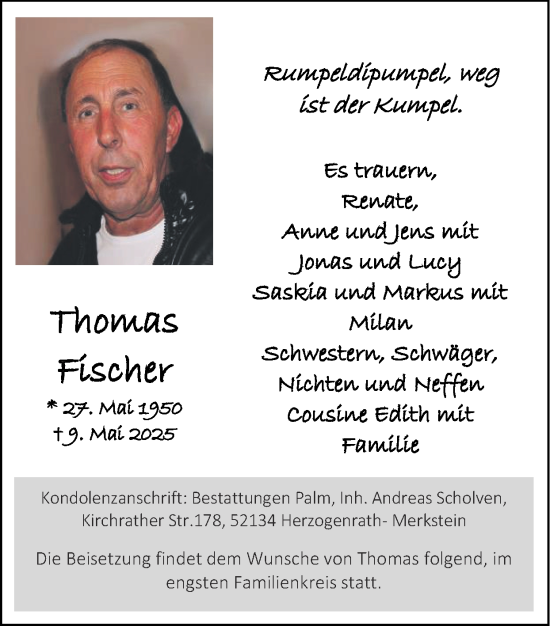 Traueranzeige von Thomas Fischer von Zeitung am Sonntag