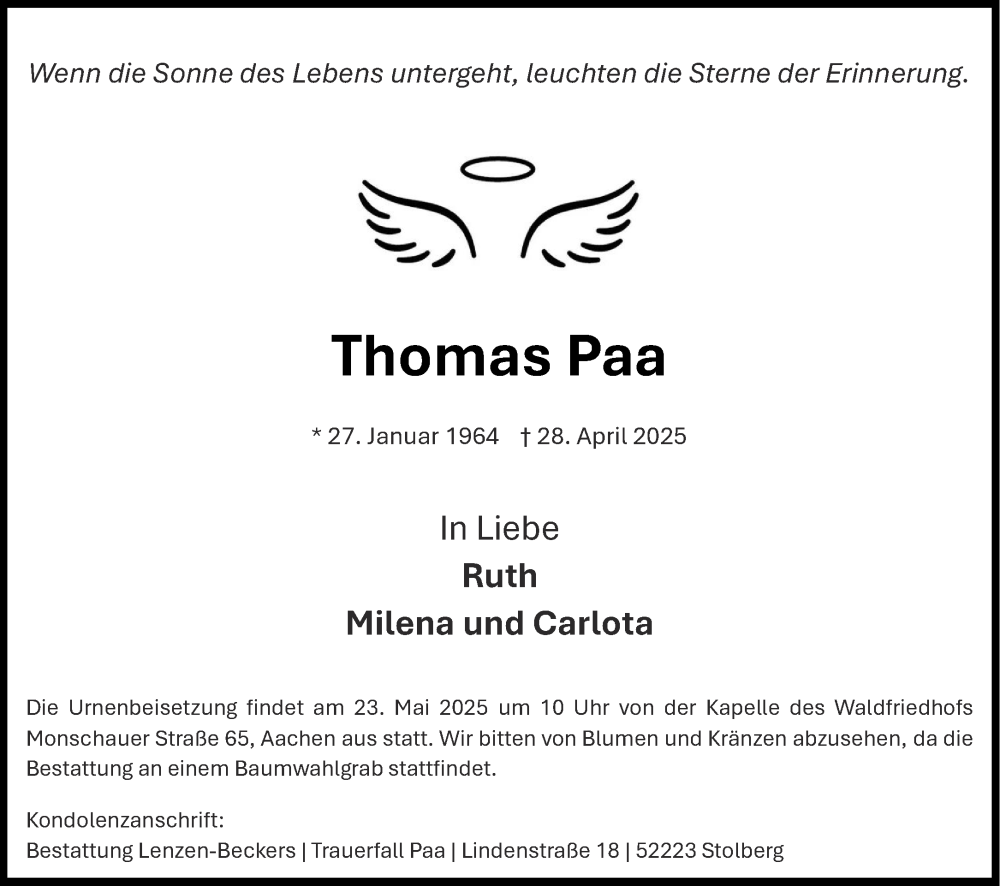  Traueranzeige für Thomas Paa vom 10.05.2025 aus Aachener Zeitung