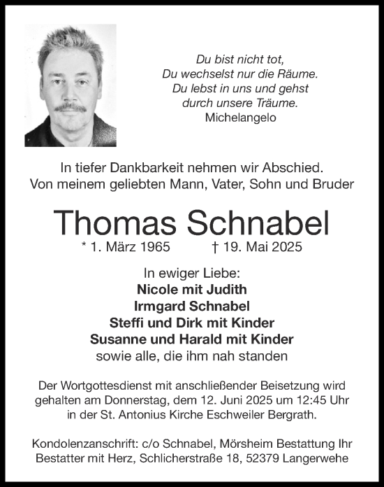 Traueranzeige von Thomas Schnabel von Zeitung am Sonntag