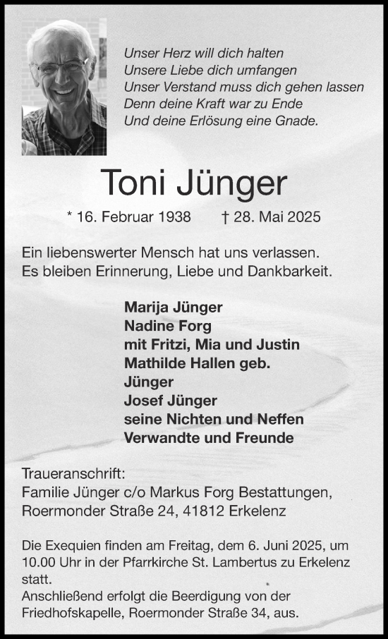 Traueranzeige von Toni Jünger von Aachener Zeitung