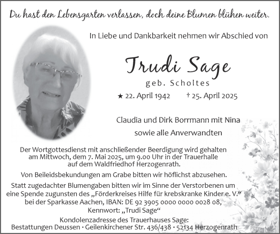 Traueranzeige von Trudi Sage von Zeitung am Sonntag