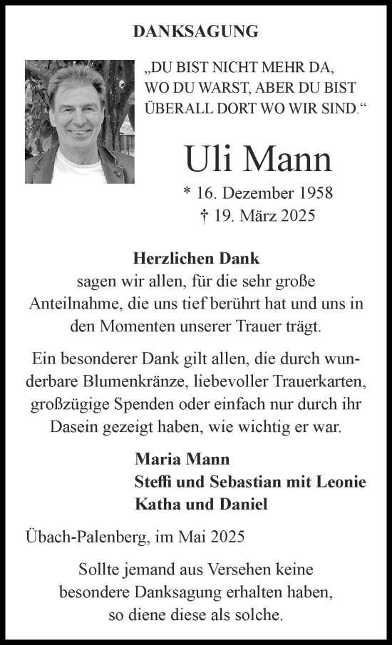 Traueranzeige von Uli Mann von Zeitung am Sonntag