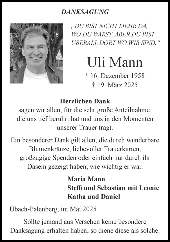 Traueranzeige von Uli Mann von Aachener Zeitung