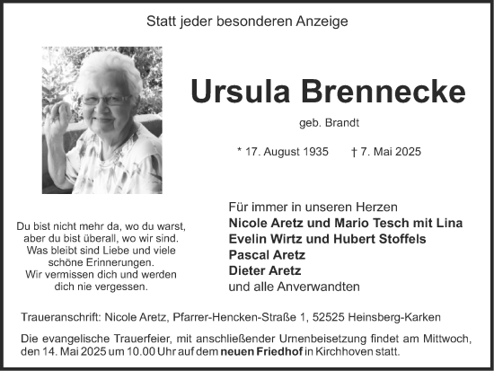 Traueranzeige von Ursula Brennecke von Zeitung am Sonntag