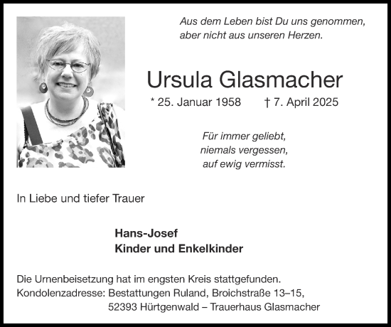 Traueranzeige von Ursula Glasmacher von Zeitung am Sonntag
