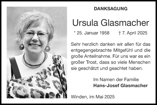Traueranzeige von Ursula Glasmacher von Zeitung am Sonntag