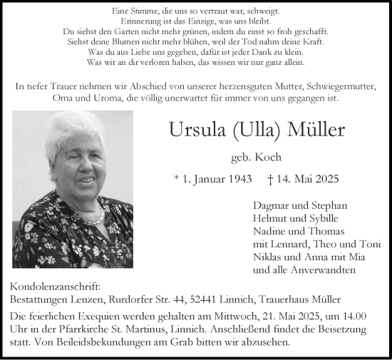 Traueranzeige von Ursula Müller von Zeitung am Sonntag