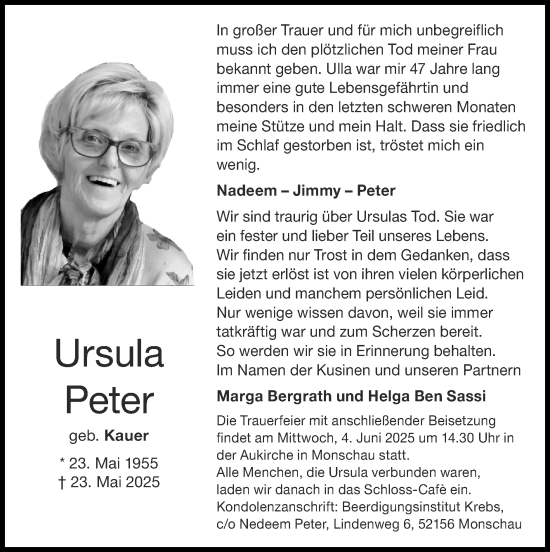 Traueranzeige von Ursula Peter von Zeitung am Sonntag