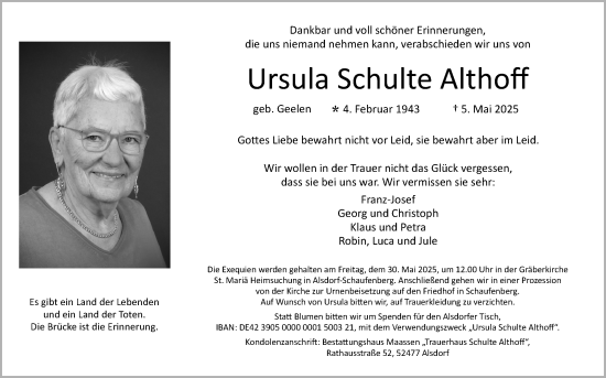 Traueranzeige von Ursula Schulte Althoff von Zeitung am Sonntag