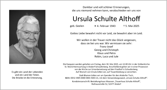 Traueranzeige von Ursula Schulte Althoff von Aachener Zeitung