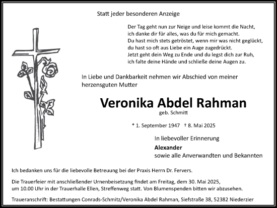 Traueranzeige von Veronika Abdel Rahman von Zeitung am Sonntag