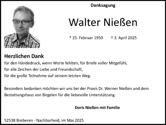 Traueranzeige von Walter Nießen von Zeitung am Sonntag