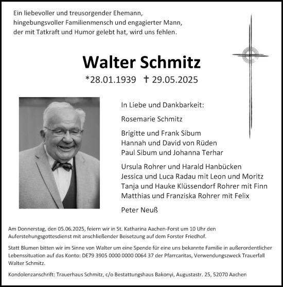 Traueranzeige von Walter Schmitz von Aachener Zeitung