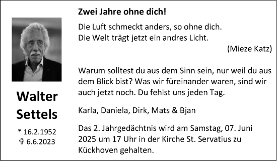 Traueranzeige von Walter Settels von Zeitung am Sonntag