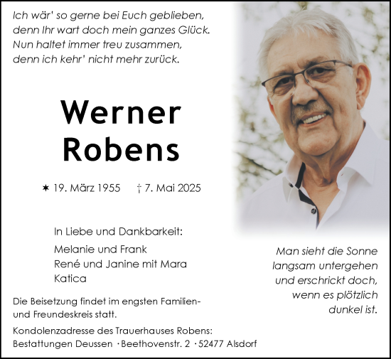Traueranzeige von Werner Robens von Zeitung am Sonntag
