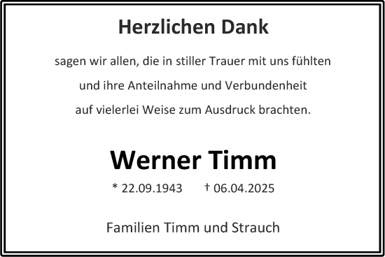 Traueranzeige von Werner Timm von Zeitung am Sonntag