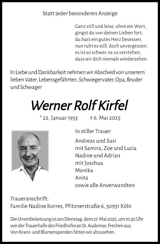 Traueranzeige von Werner Rolf Kirfel von Zeitung am Sonntag